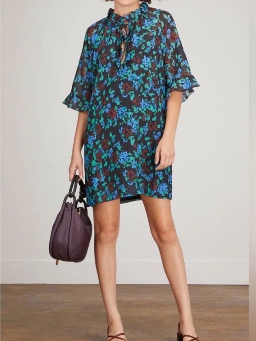 GANNI Floral Tie-Neck Short Sleeve Shift Mini Dress | EU 42 / US 10-12